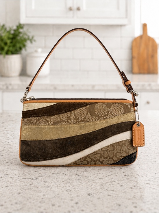 Coach Handbags - Coach Wave Patchwork Wristlet – Suede, Metallic Leather & Signature Jacquard
